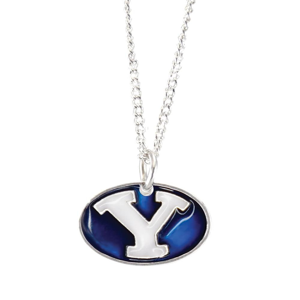 BYU Cougar Fan Necklace featuring the BYU logo on a silver pendant with an adjustable chain.