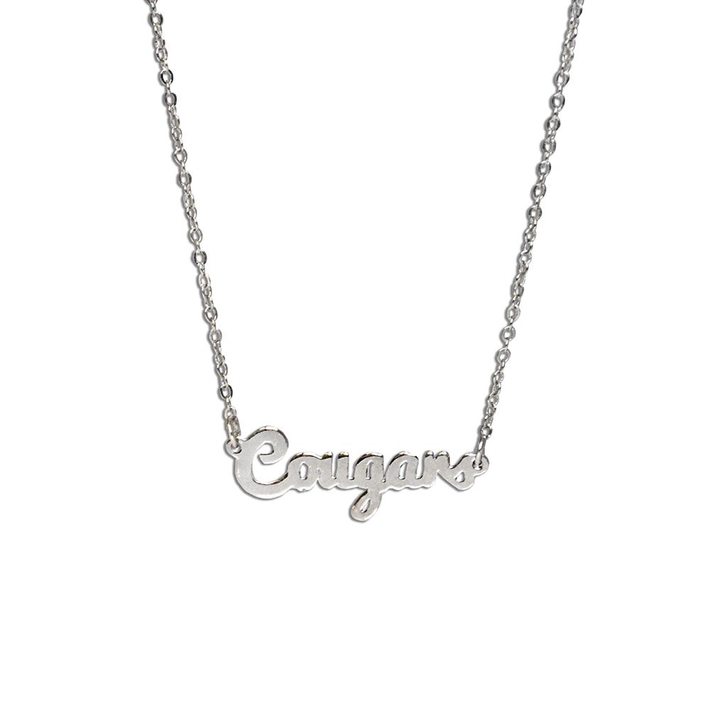 BYU Cougars Script Necklace with silver finish and adjustable chain.