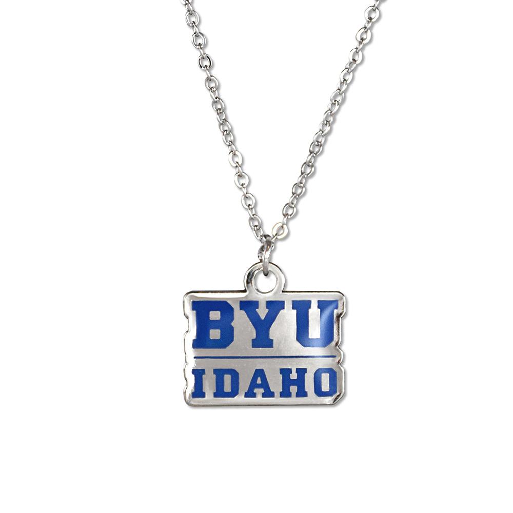 BYU Idaho Fan Necklace featuring a silver pendant with the school logo and an adjustable chain.