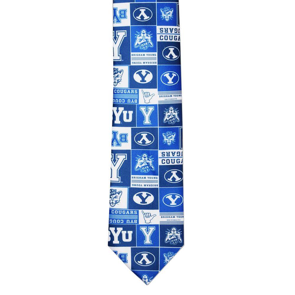 BYU Logos Pattern Men's Tie featuring Cougar logos in vibrant colors on a microfiber fabric.