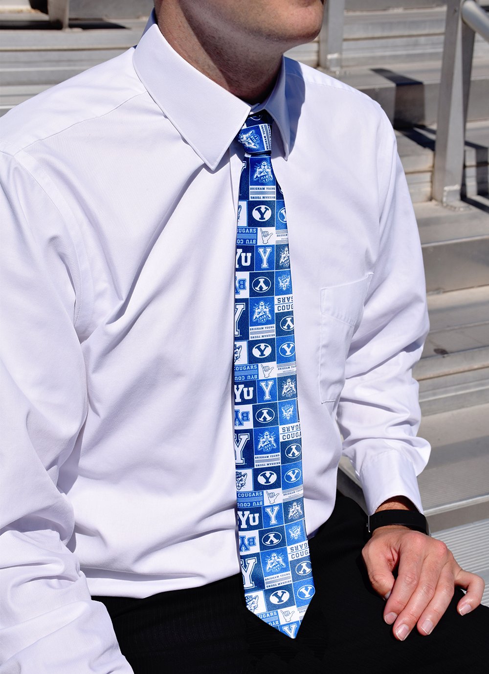 BYU Logos Pattern Men's Tie featuring Cougar logos in vibrant colors on a microfiber fabric.