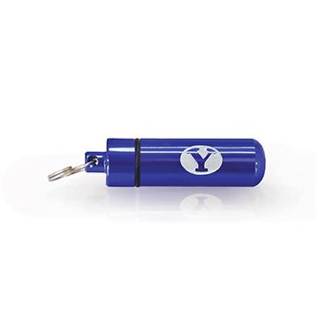 A blue BYU Oil Vial featuring the BYU logo, attached to a keychain with a split ring.