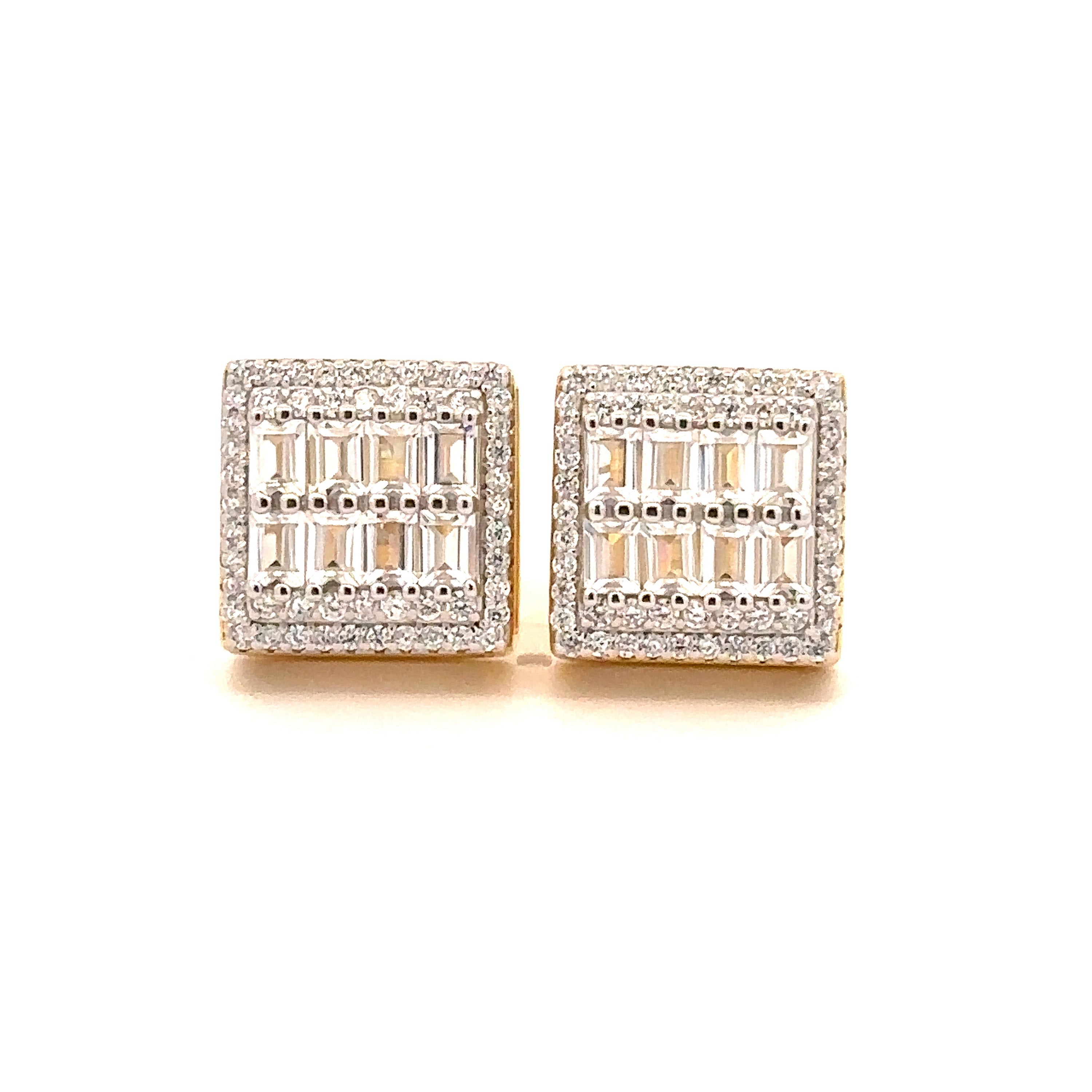 CADENZA 925 CZ Gold Iced Out Earrings featuring sparkling cubic zirconia stones set in 925 sterling silver, perfect for any occasion.