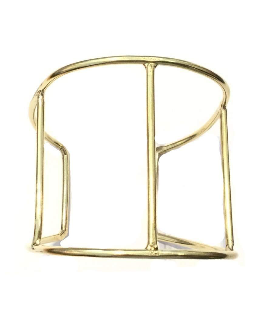 A stylish Cage Cuff Bracelet in gold and silver, showcasing its minimalist design and adjustable fit.