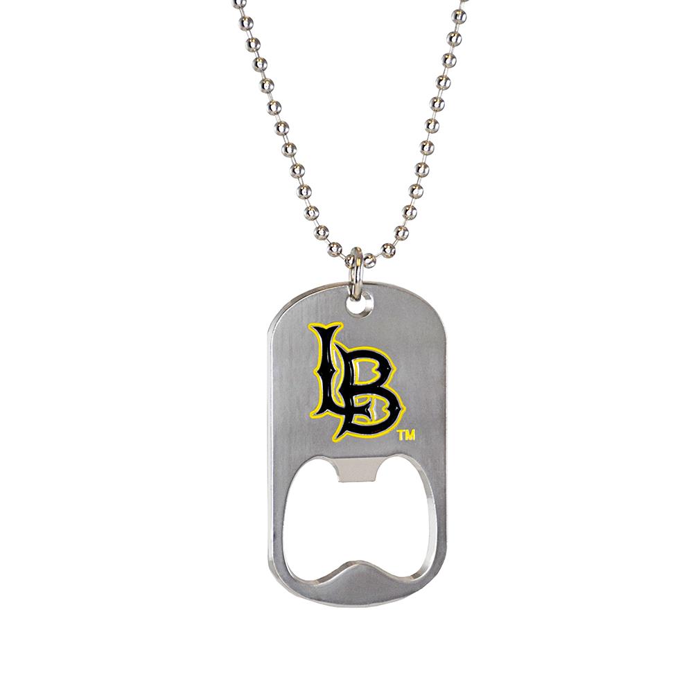 Cal State Long Beach Bottle Opener Dogtag featuring the university logo on a silver finish, attached to a 24-inch ball chain.