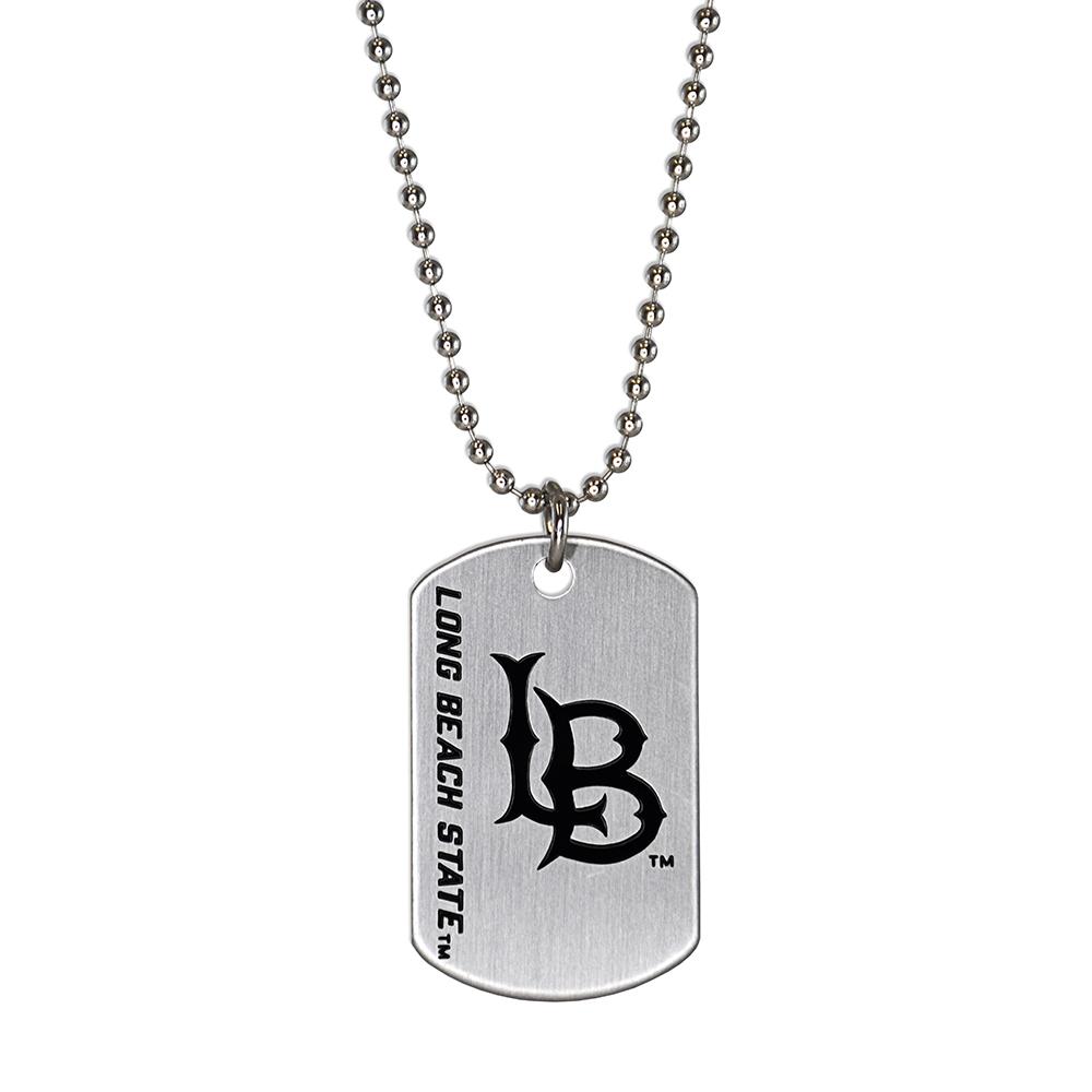 Cal State Long Beach Dog Tag with logo on brushed silver finish, attached to a 24-inch ball chain.