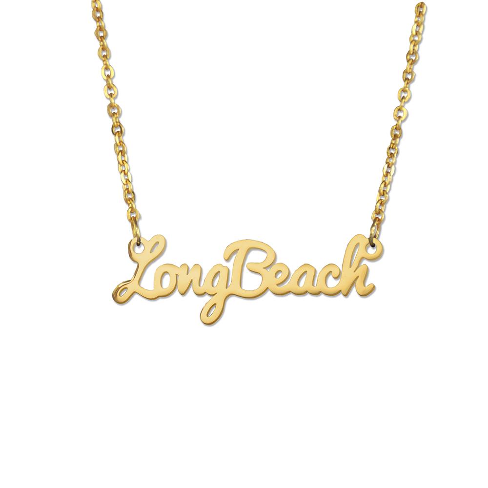 Cal State Long Beach Gold Script Necklace with adjustable chain and gold finish, showcasing school spirit.