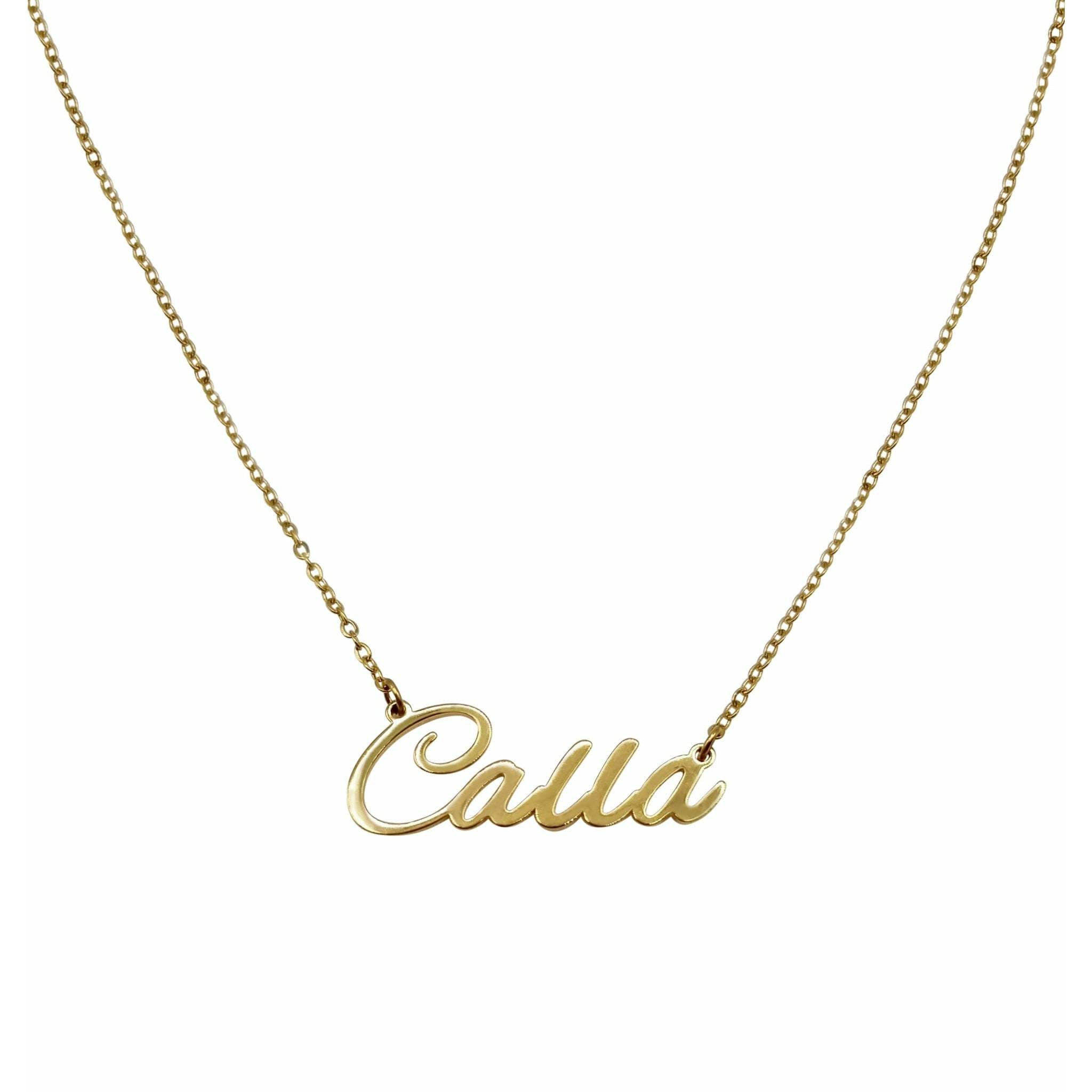 Elegant Calla Name Necklace made of stainless steel with gold plating, featuring a personalized name design.