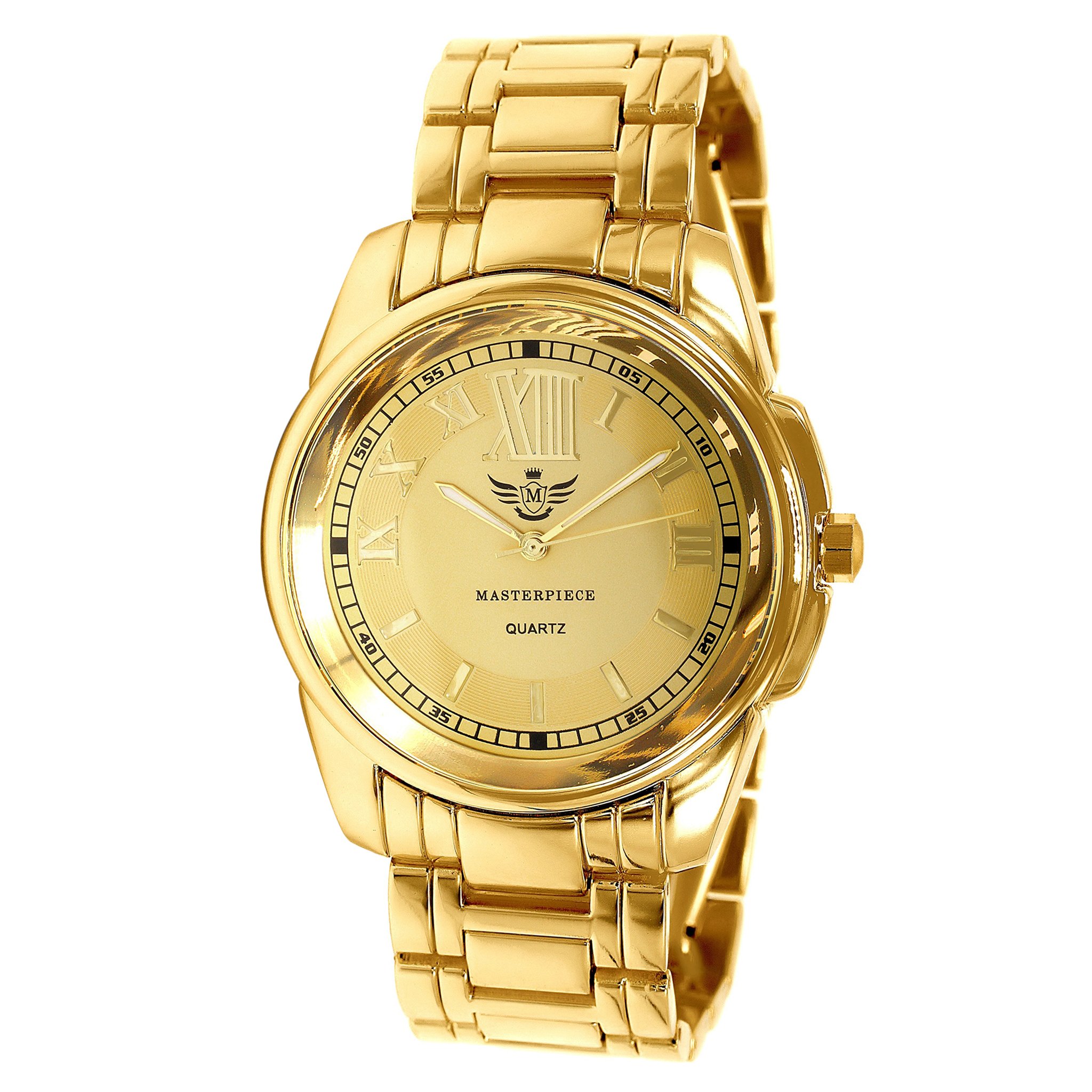 CALIBER Masterpiece Watch featuring raised Roman numerals, luminous hands, and a shiny rhinestone-studded bezel.