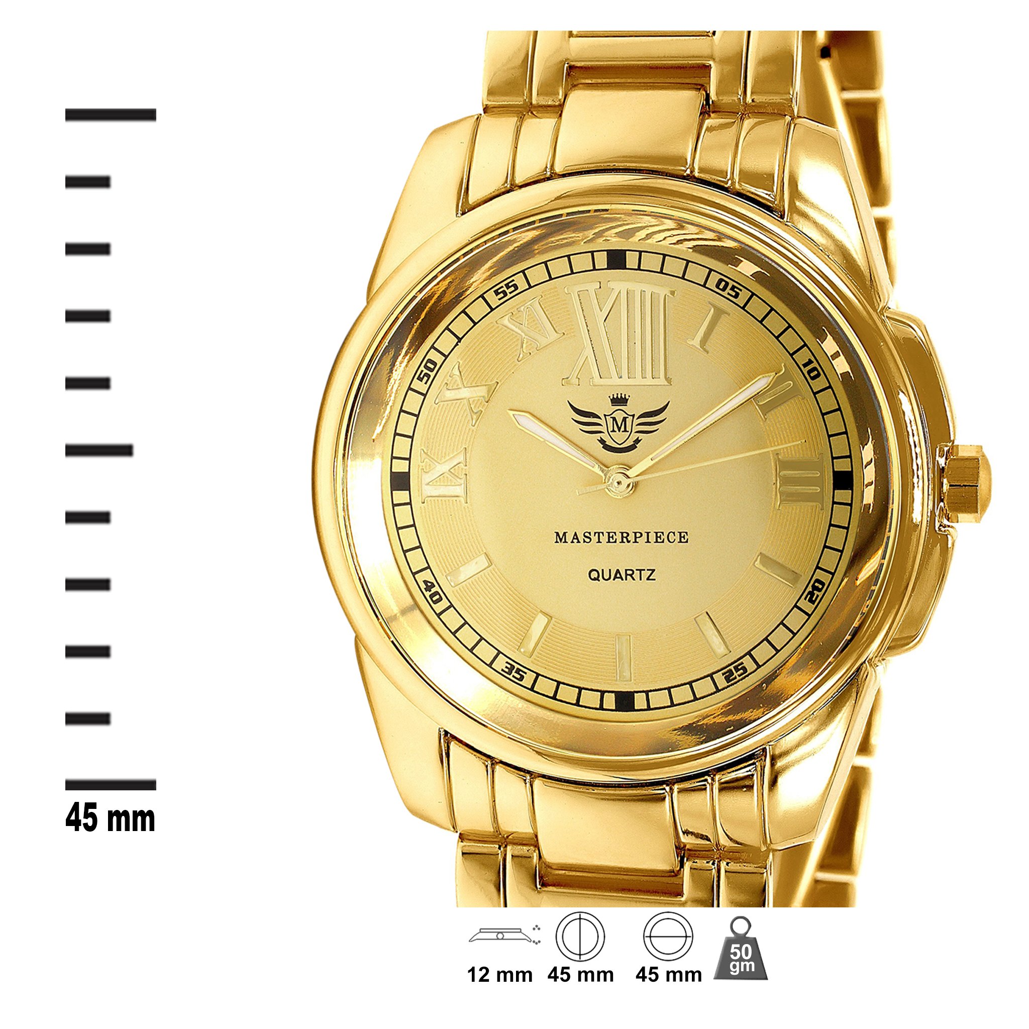 CALIBER Masterpiece Watch featuring raised Roman numerals, luminous hands, and a shiny rhinestone-studded bezel.