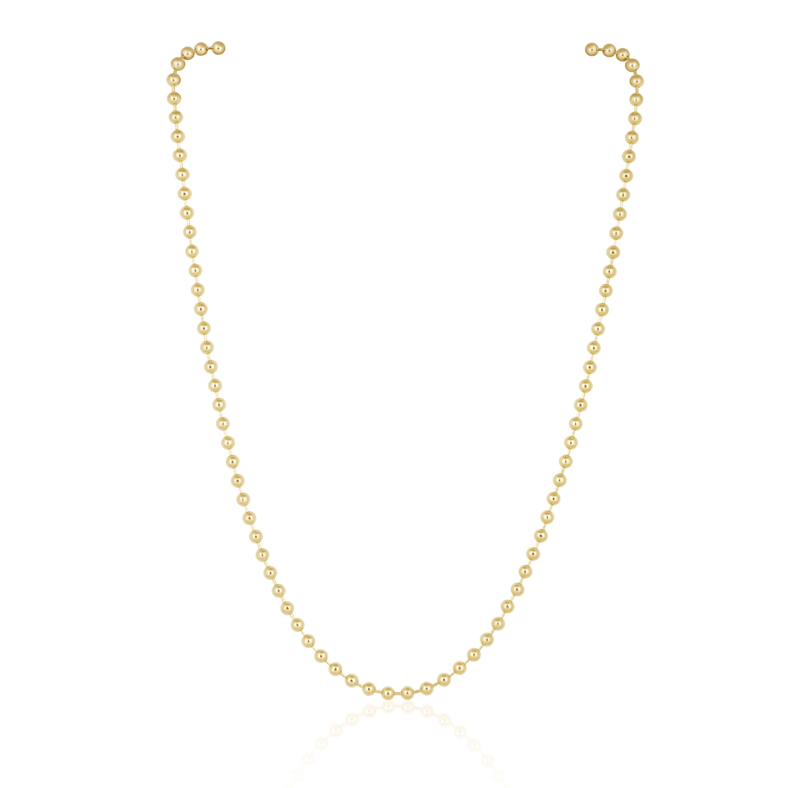 Elegant Callie Beaded Chain made of 18k Brazilian gold, showcasing its delicate beaded design and various lengths.