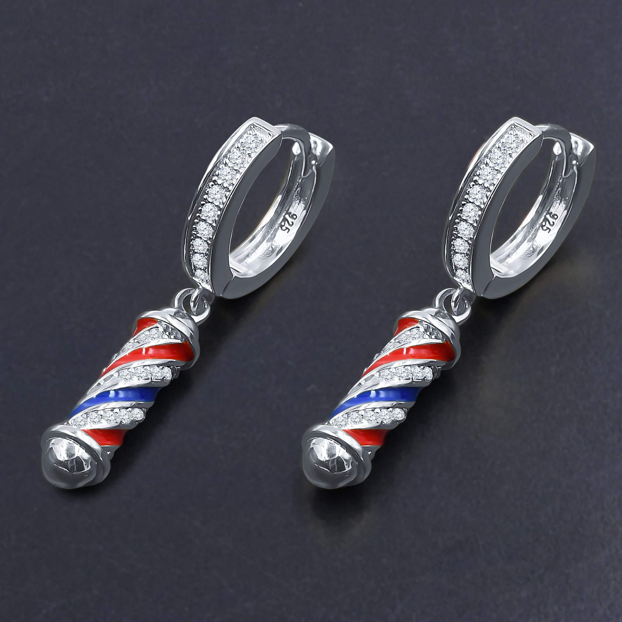 CAMARADERIE Silver Earrings featuring red, blue, and silver CZ stones set in 925 sterling silver, elegantly designed for any occasion.