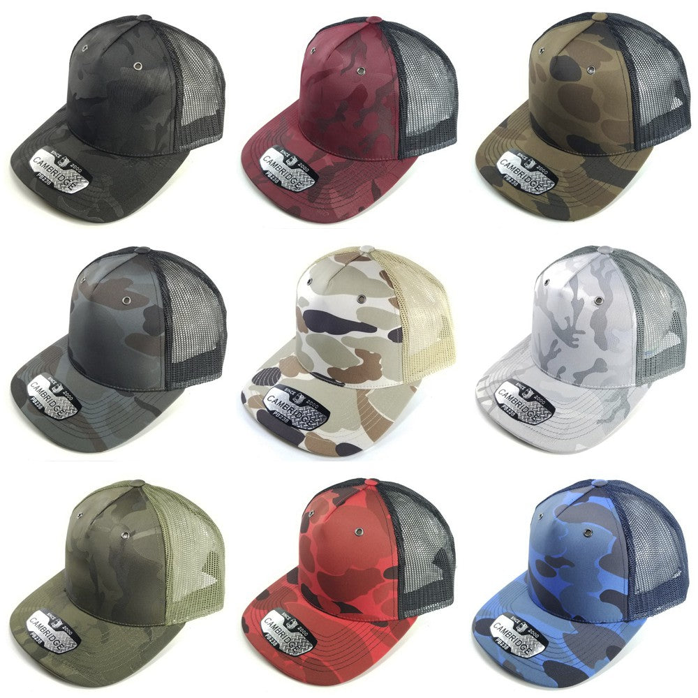 A pack of six CAMBRIDGE 5 PANEL SHINY CAMO TRUCKER hats featuring a stylish camouflage design and a classic trucker shape.