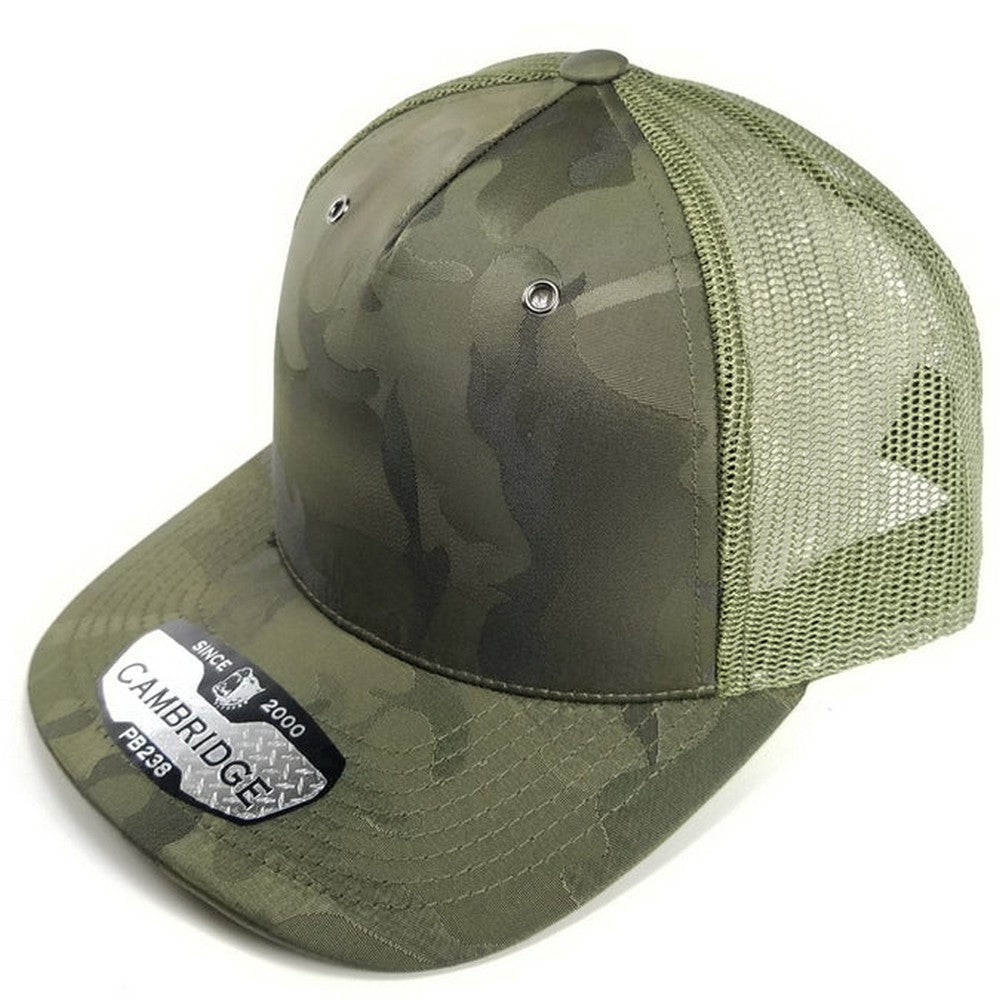 A pack of six CAMBRIDGE 5 PANEL SHINY CAMO TRUCKER hats featuring a stylish camouflage design and a classic trucker shape.