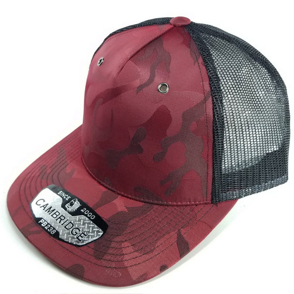 A pack of six CAMBRIDGE 5 PANEL SHINY CAMO TRUCKER hats featuring a stylish camouflage design and a classic trucker shape.