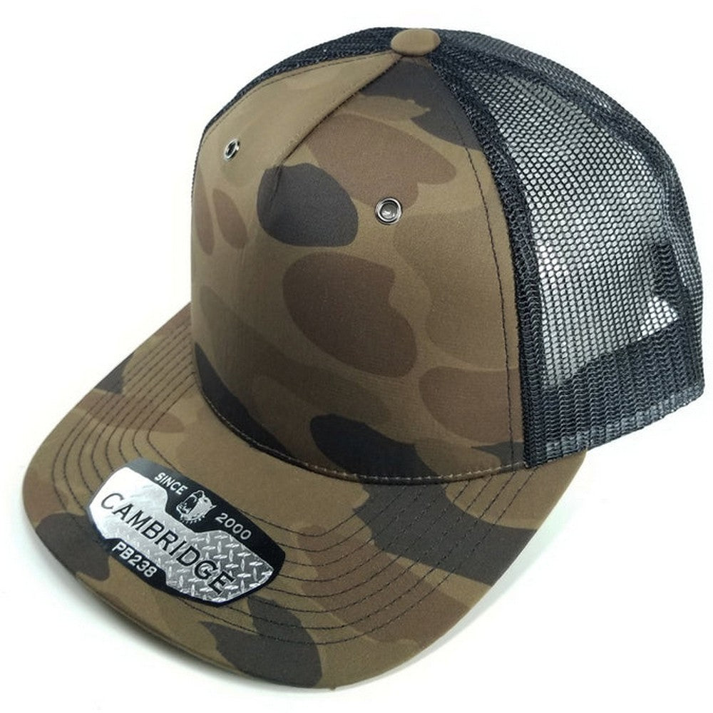 A pack of six CAMBRIDGE 5 PANEL SHINY CAMO TRUCKER hats featuring a stylish camouflage design and a classic trucker shape.