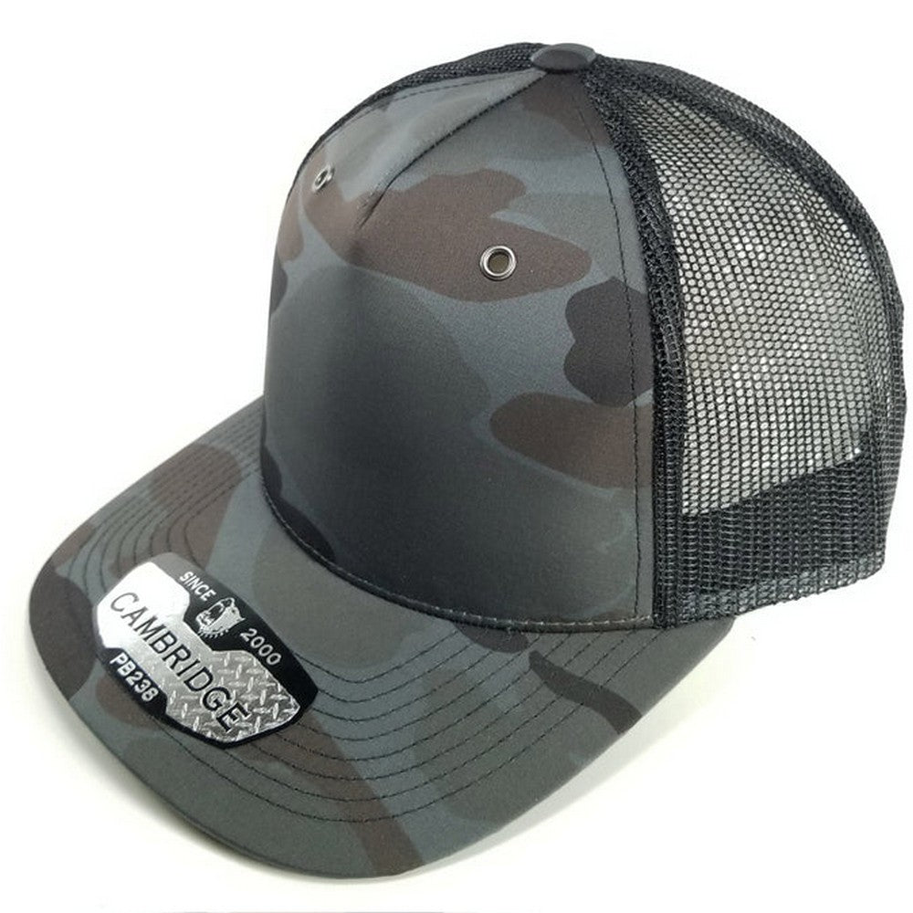 A pack of six CAMBRIDGE 5 PANEL SHINY CAMO TRUCKER hats featuring a stylish camouflage design and a classic trucker shape.