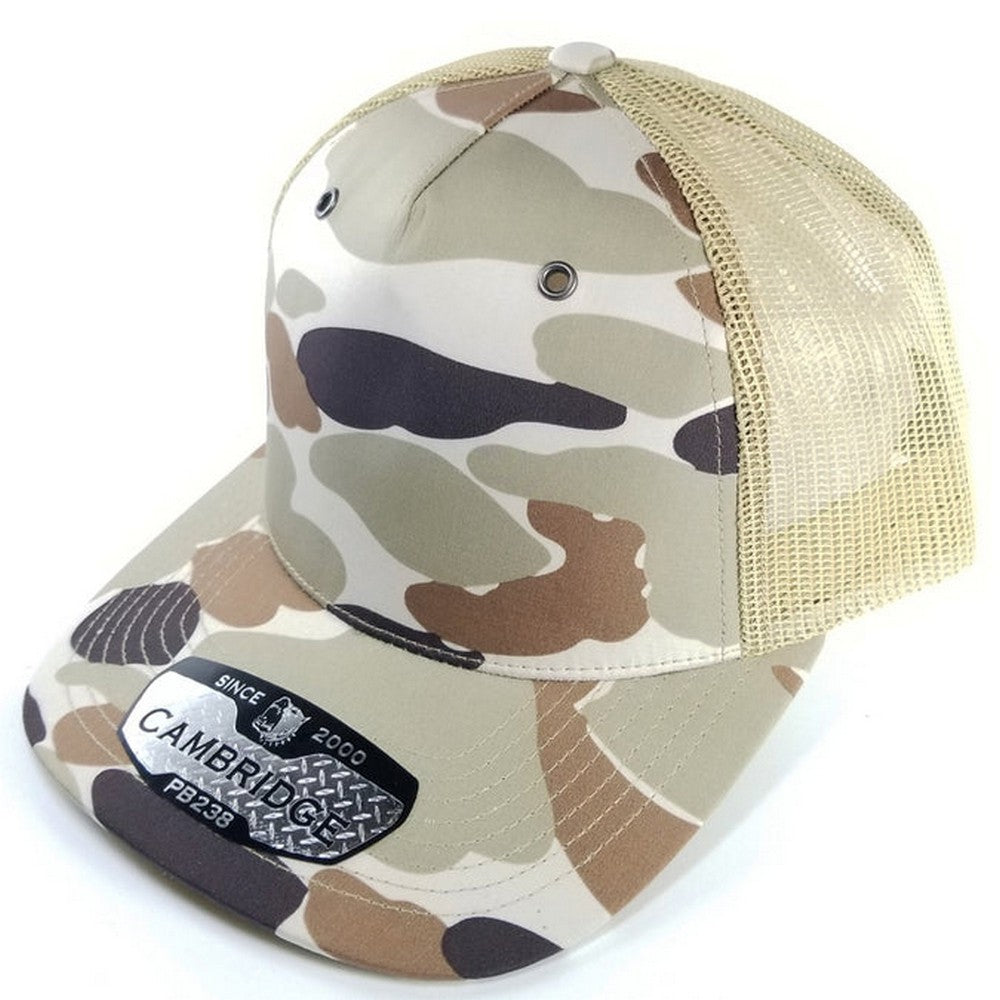 A pack of six CAMBRIDGE 5 PANEL SHINY CAMO TRUCKER hats featuring a stylish camouflage design and a classic trucker shape.