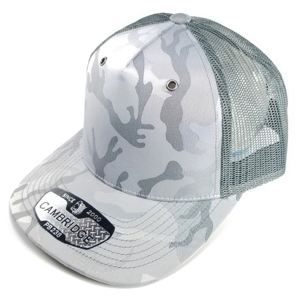 A pack of six CAMBRIDGE 5 PANEL SHINY CAMO TRUCKER hats featuring a stylish camouflage design and a classic trucker shape.