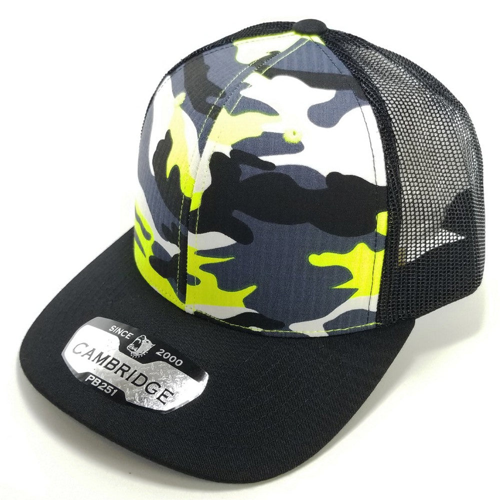 A pack of 6 CAMBRIDGE 6 Panel Camo Trucker hats featuring a classic camo design and durable polyester material.