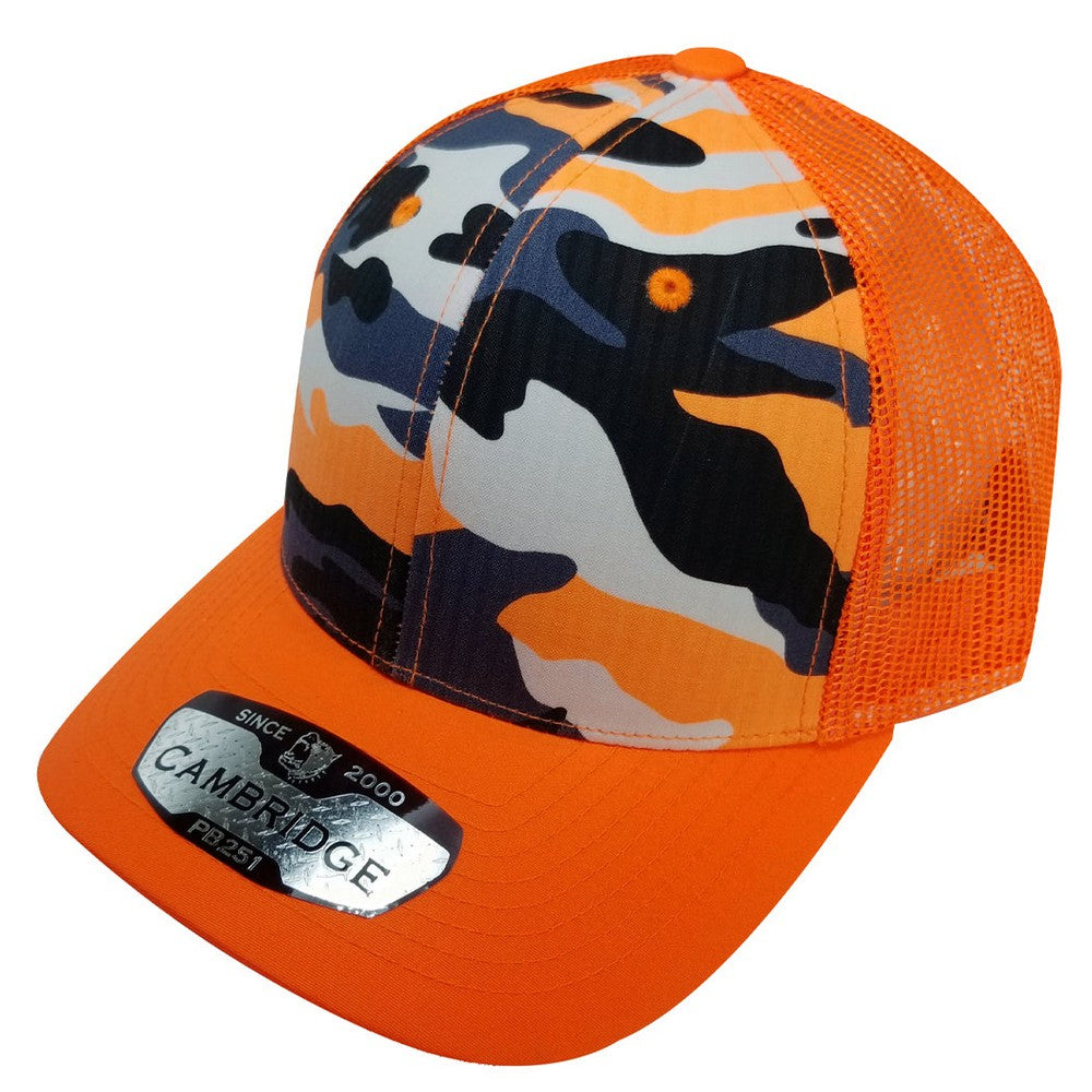 A pack of 6 CAMBRIDGE 6 Panel Camo Trucker hats featuring a classic camo design and durable polyester material.