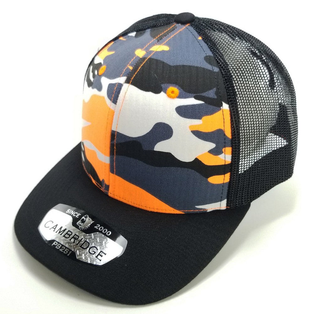 A pack of 6 CAMBRIDGE 6 Panel Camo Trucker hats featuring a classic camo design and durable polyester material.