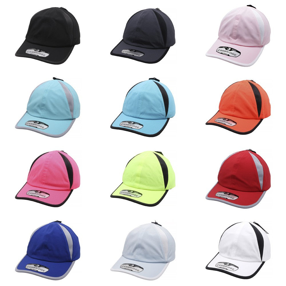 Pack of 6 Cambridge Activewear Unstructured Hats featuring a low profile, curved visor, and matching undervisor, made from durable polyester and span blend.