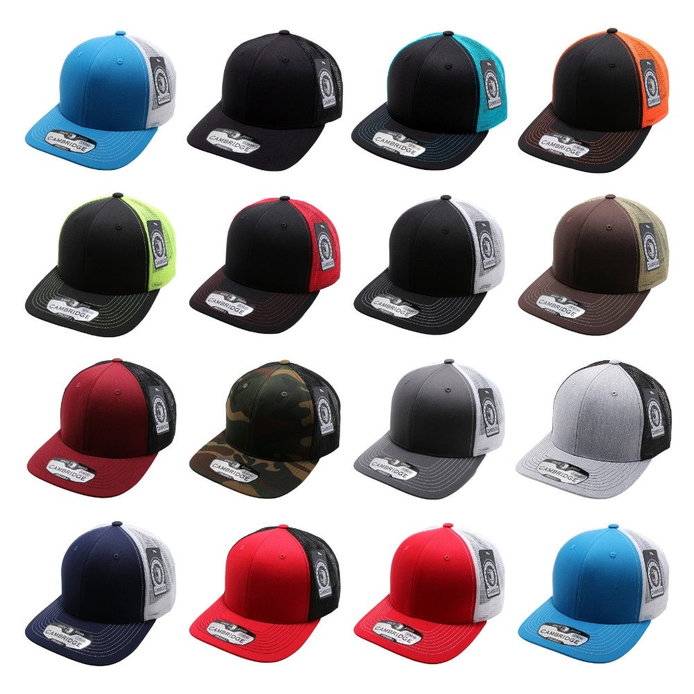 A pack of six CAMBRIDGE JUNIOR TRUCKER HATS in various colors, featuring a classic design with a curved visor and adjustable snap closure.