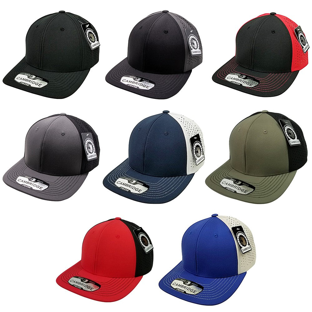 A pack of 6 Cambridge Perforated Snapback Hats in various colors, showcasing their stylish design and premium perforated panels.