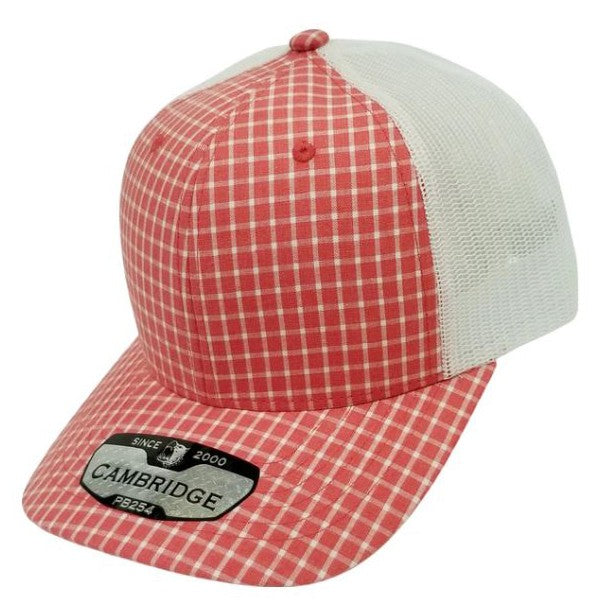 A pack of 6 Cambridge Plaid Trucker Hats featuring a stylish plaid design, high profile, and adjustable snapback closure.