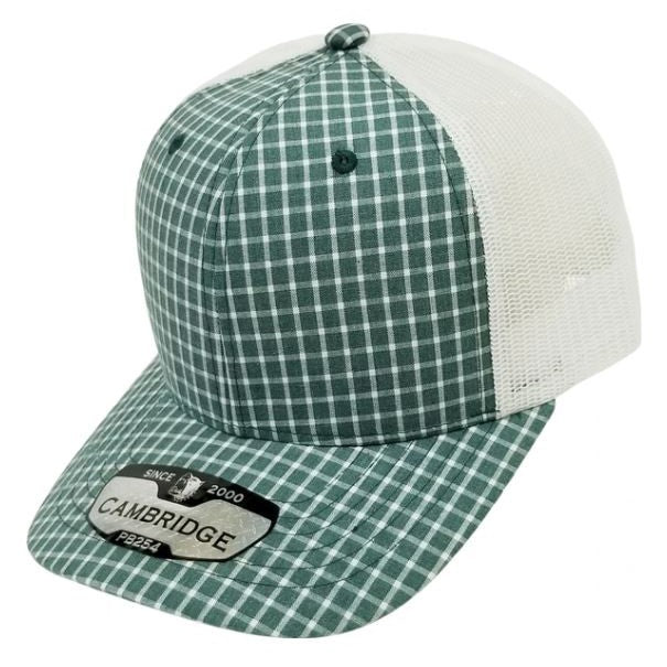 A pack of 6 Cambridge Plaid Trucker Hats featuring a stylish plaid design, high profile, and adjustable snapback closure.