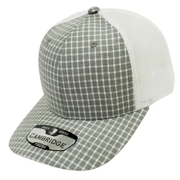 A pack of 6 Cambridge Plaid Trucker Hats featuring a stylish plaid design, high profile, and adjustable snapback closure.