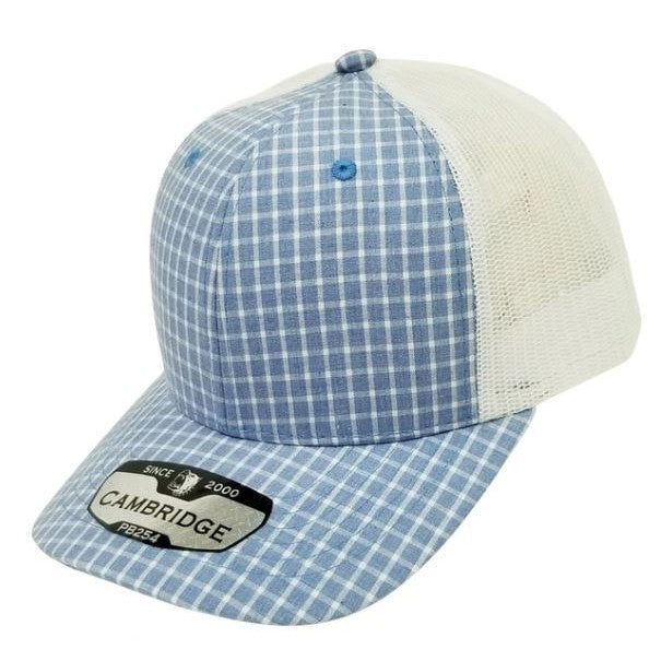 A pack of 6 Cambridge Plaid Trucker Hats featuring a stylish plaid design, high profile, and adjustable snapback closure.