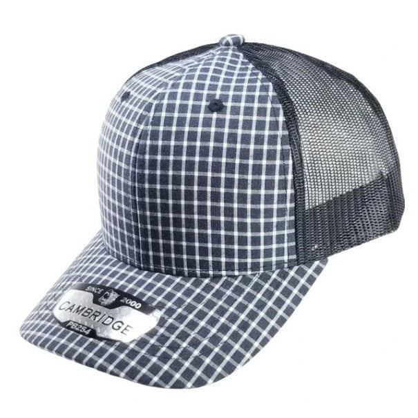 A pack of 6 Cambridge Plaid Trucker Hats featuring a stylish plaid design, high profile, and adjustable snapback closure.