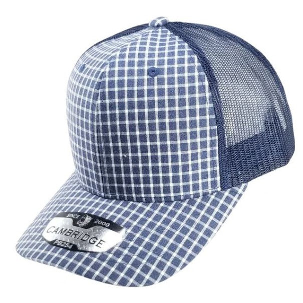 A pack of 6 Cambridge Plaid Trucker Hats featuring a stylish plaid design, high profile, and adjustable snapback closure.