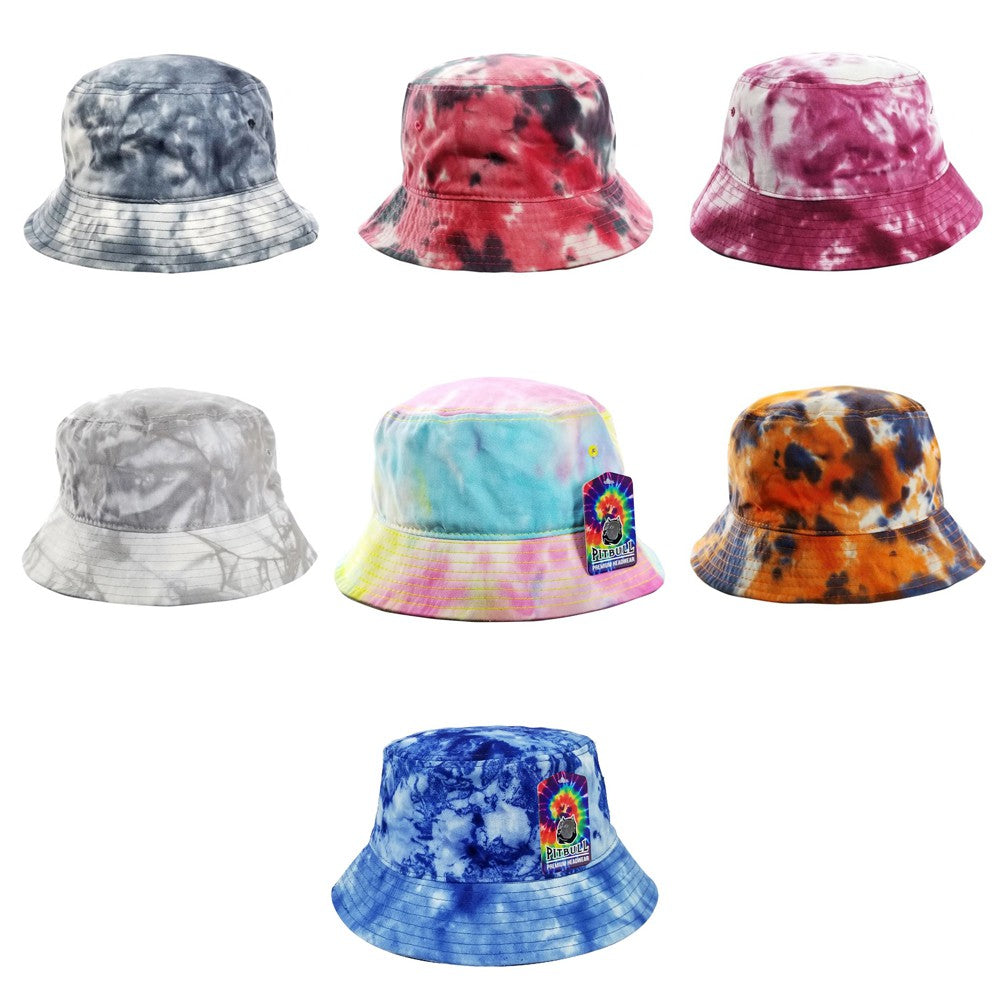 A pack of six CAMBRIDGE PLAIN TIE DYE BUCKETS made from 100% cotton, featuring a classic tie-dye design in vibrant colors.