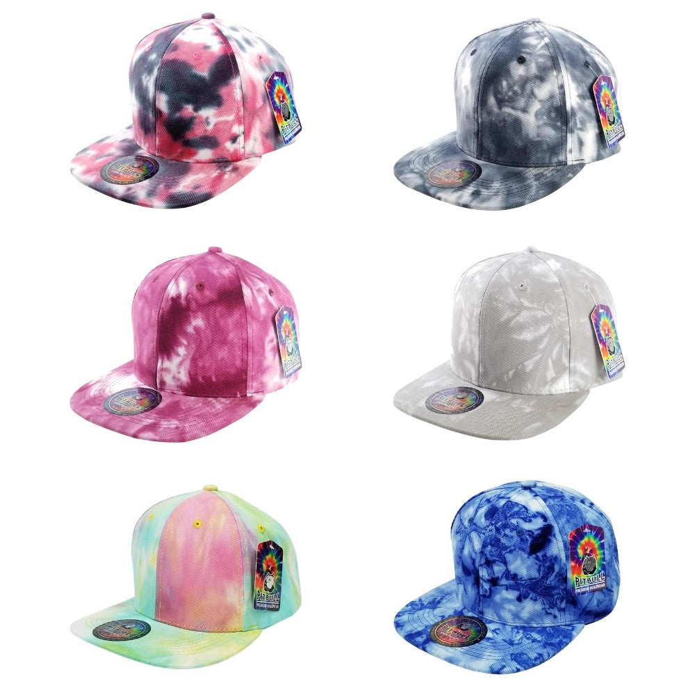 A pack of 6 CAMBRIDGE PLAIN TIE DYE COTTON SNAPBACK HATS in various vibrant colors, showcasing their stylish design and adjustable snapback feature.