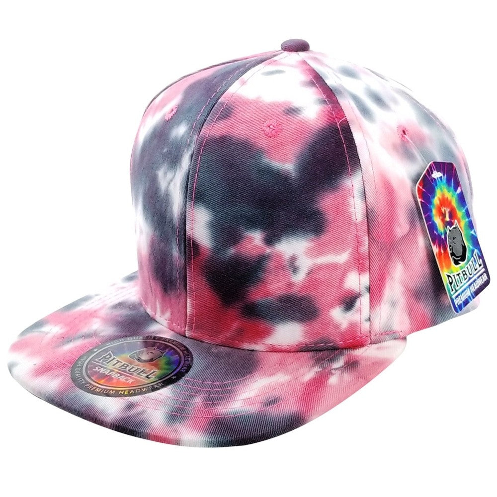 A pack of 6 CAMBRIDGE PLAIN TIE DYE COTTON SNAPBACK HATS in various vibrant colors, showcasing their stylish design and adjustable snapback feature.