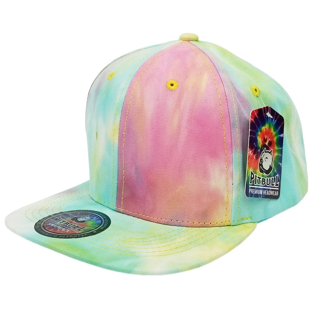 A pack of 6 CAMBRIDGE PLAIN TIE DYE COTTON SNAPBACK HATS in various vibrant colors, showcasing their stylish design and adjustable snapback feature.