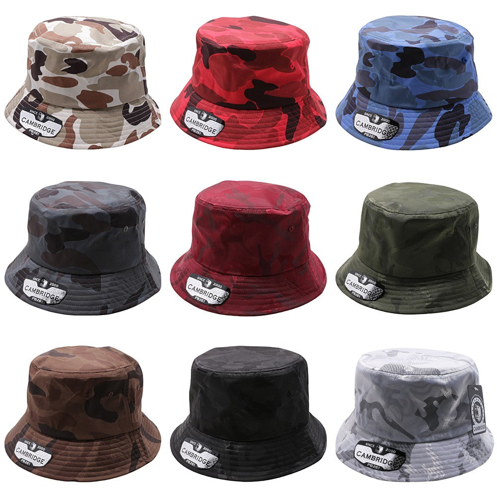 Pack of 6 Cambridge Shiny Camo Bucket Hats in various angles showcasing their stylish design and classic bucket shape.