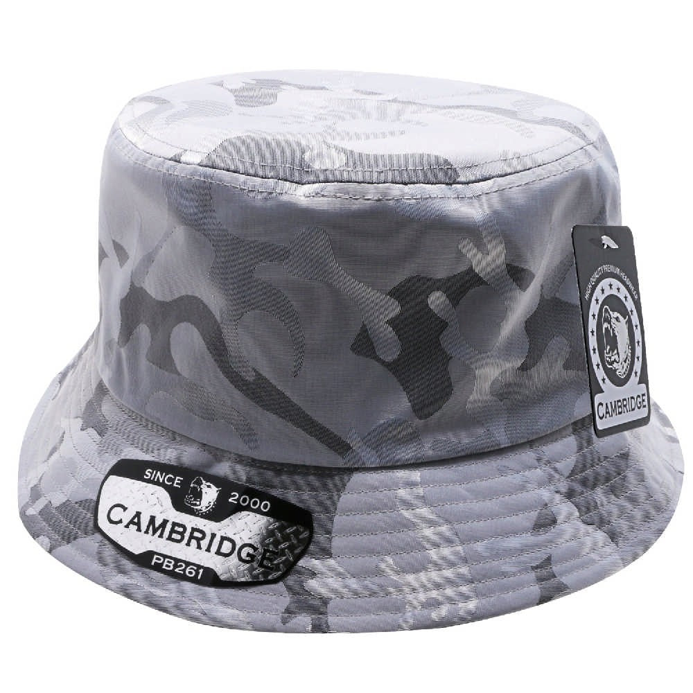 Pack of 6 Cambridge Shiny Camo Bucket Hats in various angles showcasing their stylish design and classic bucket shape.