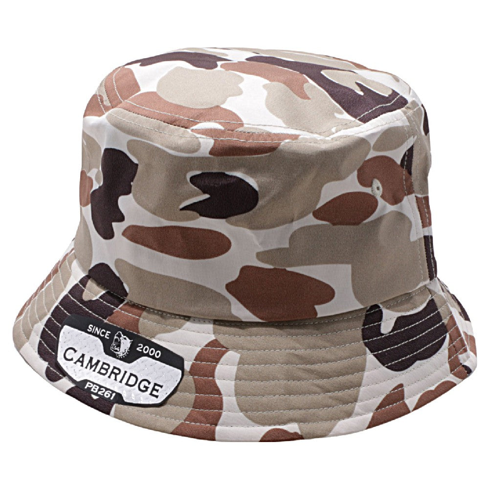 Pack of 6 Cambridge Shiny Camo Bucket Hats in various angles showcasing their stylish design and classic bucket shape.