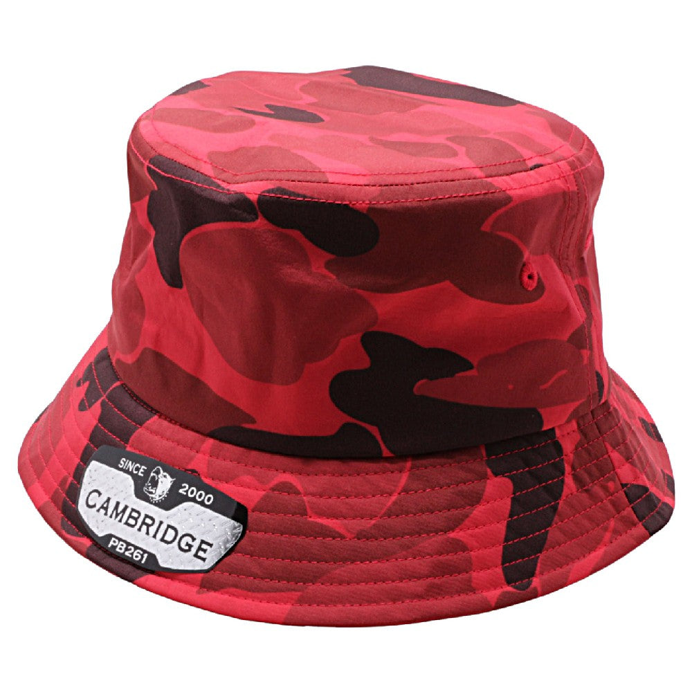 Pack of 6 Cambridge Shiny Camo Bucket Hats in various angles showcasing their stylish design and classic bucket shape.