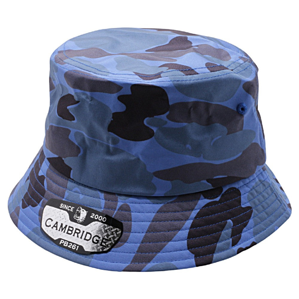 Pack of 6 Cambridge Shiny Camo Bucket Hats in various angles showcasing their stylish design and classic bucket shape.