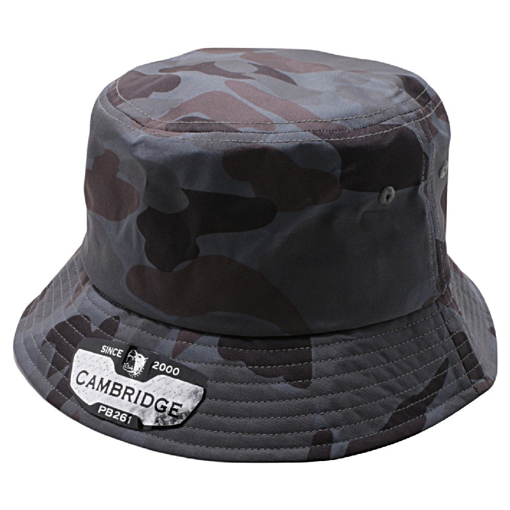 Pack of 6 Cambridge Shiny Camo Bucket Hats in various angles showcasing their stylish design and classic bucket shape.