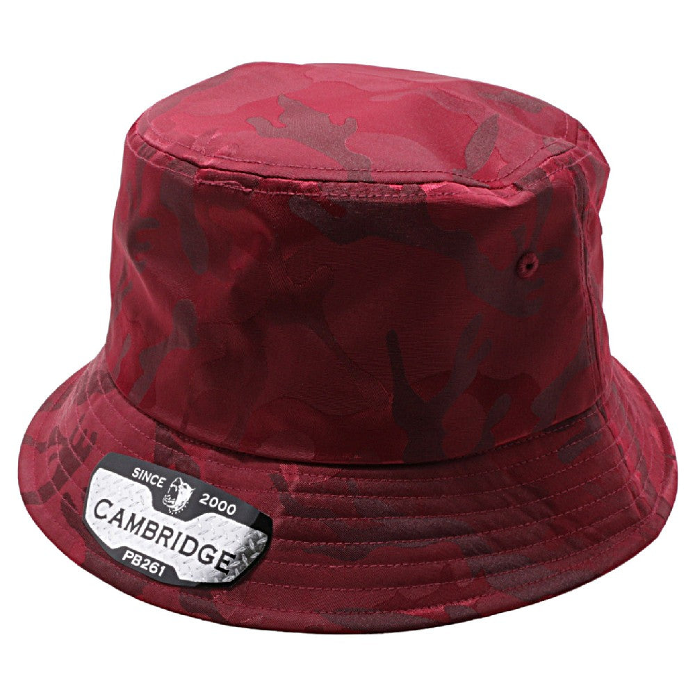 Pack of 6 Cambridge Shiny Camo Bucket Hats in various angles showcasing their stylish design and classic bucket shape.