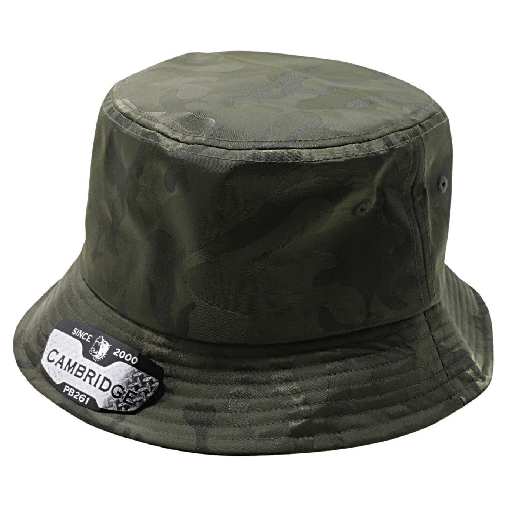 Pack of 6 Cambridge Shiny Camo Bucket Hats in various angles showcasing their stylish design and classic bucket shape.