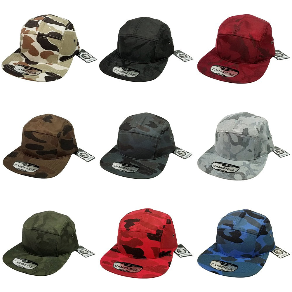 A pack of 6 CAMBRIDGE SHINY CAMO CAMPER hats featuring a shiny camouflage design, flat visor, and high-profile shape, made from 100% polyester.