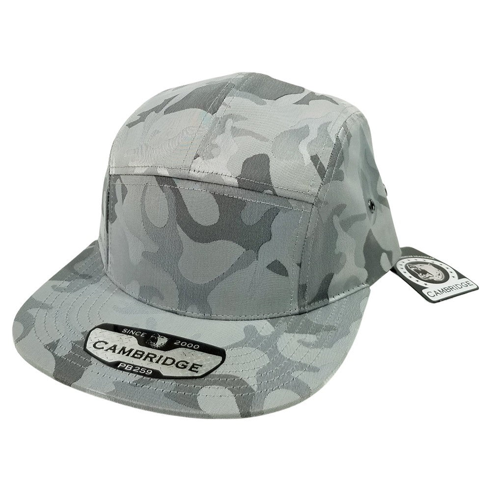 A pack of 6 CAMBRIDGE SHINY CAMO CAMPER hats featuring a shiny camouflage design, flat visor, and high-profile shape, made from 100% polyester.