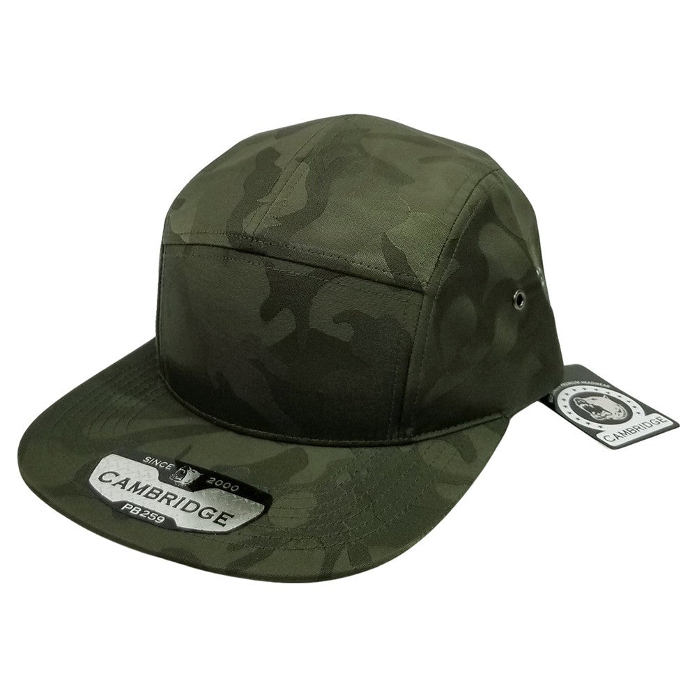 A pack of 6 CAMBRIDGE SHINY CAMO CAMPER hats featuring a shiny camouflage design, flat visor, and high-profile shape, made from 100% polyester.